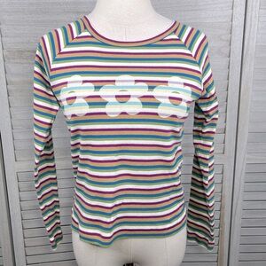 COPPER KEY Cropped Long Sleeve Baby Tee Striped w Floral Design-Large